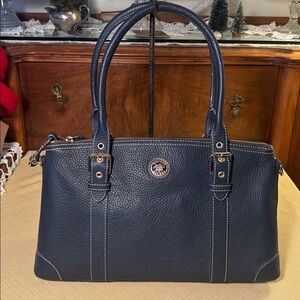 Dooney & Bourke Navy Pebble Leather Zip Top Satchel w/ Strap
